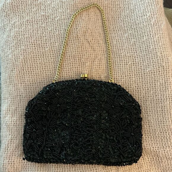 Vintage Handbags - Vintage‎ Black Beaded Evening Bag with Gold Chain.